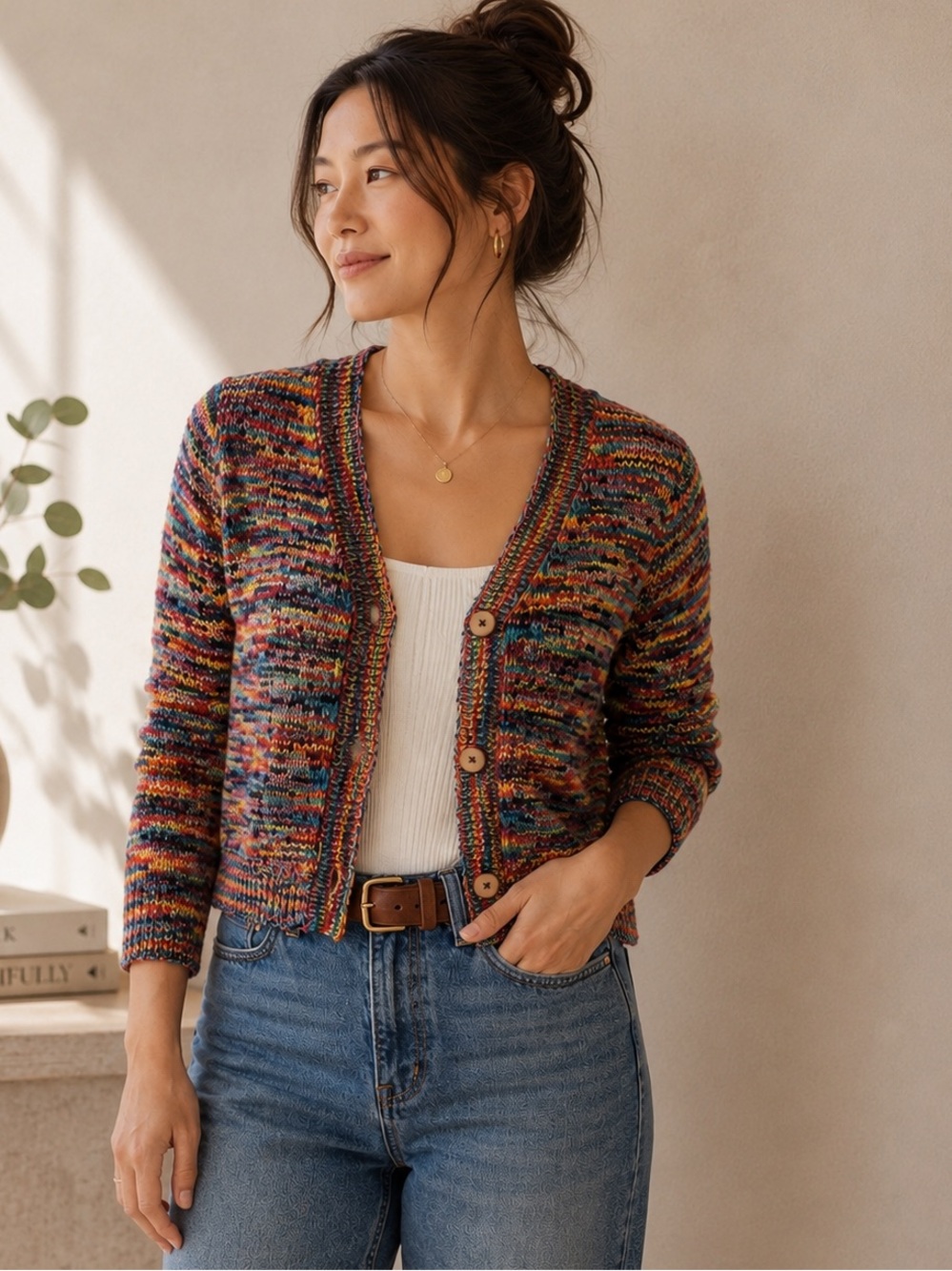 BeachLunchLounge Marled Knit Cardigan XS Multicolor Cropped Button Front Cozy